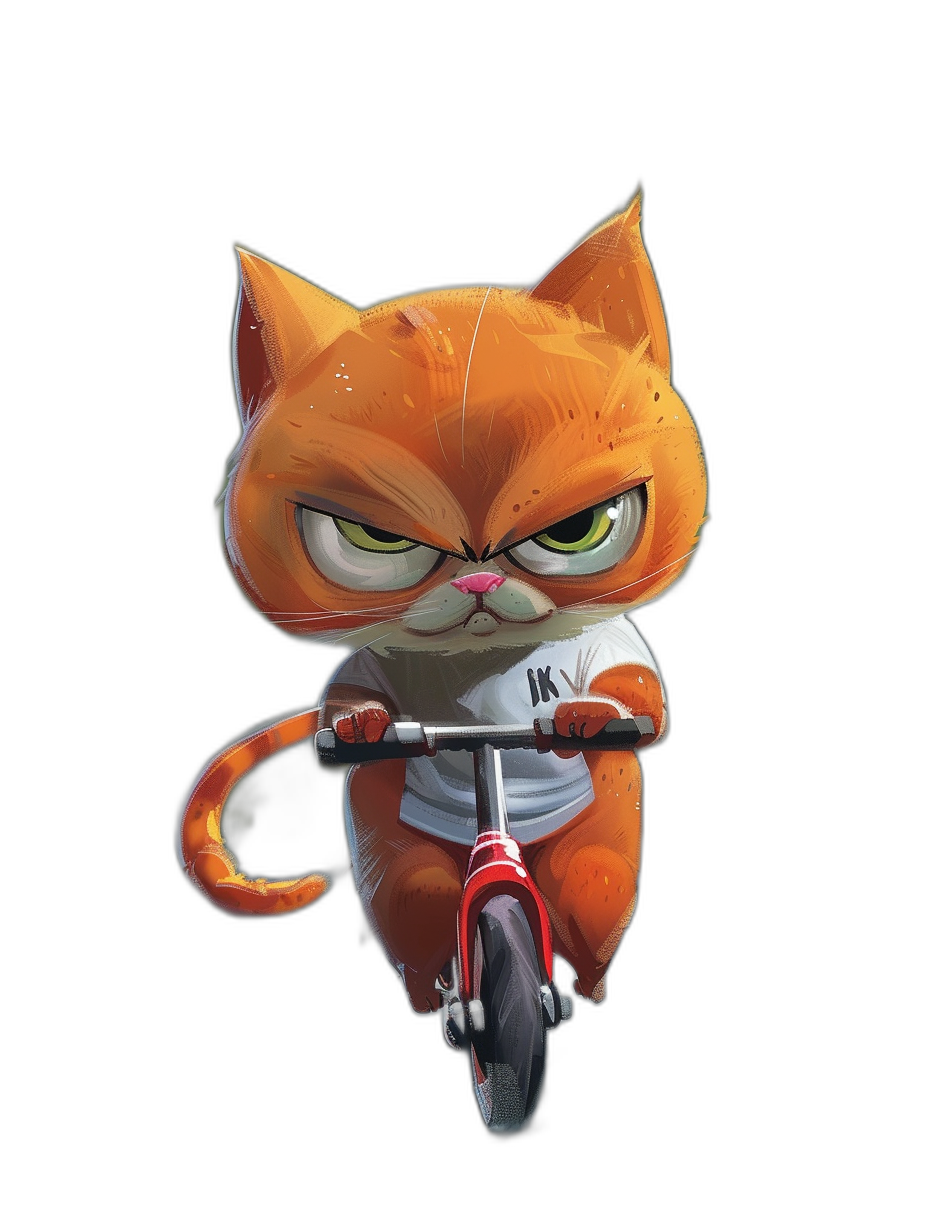 Illustration of an angry orange cat wearing a white t-shirt riding a scooter against a black background, in the style of [Tiago Hoisel](https://goo.gl/search?artist%20Tiago%20Hoisel) and Pixar.