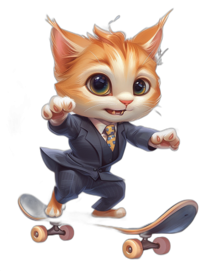 A cute orange cat in a suit is skateboarding in the style of a cartoon, with a black background, colorful eyes, and a cute and happy expression, with high definition details of the character's .