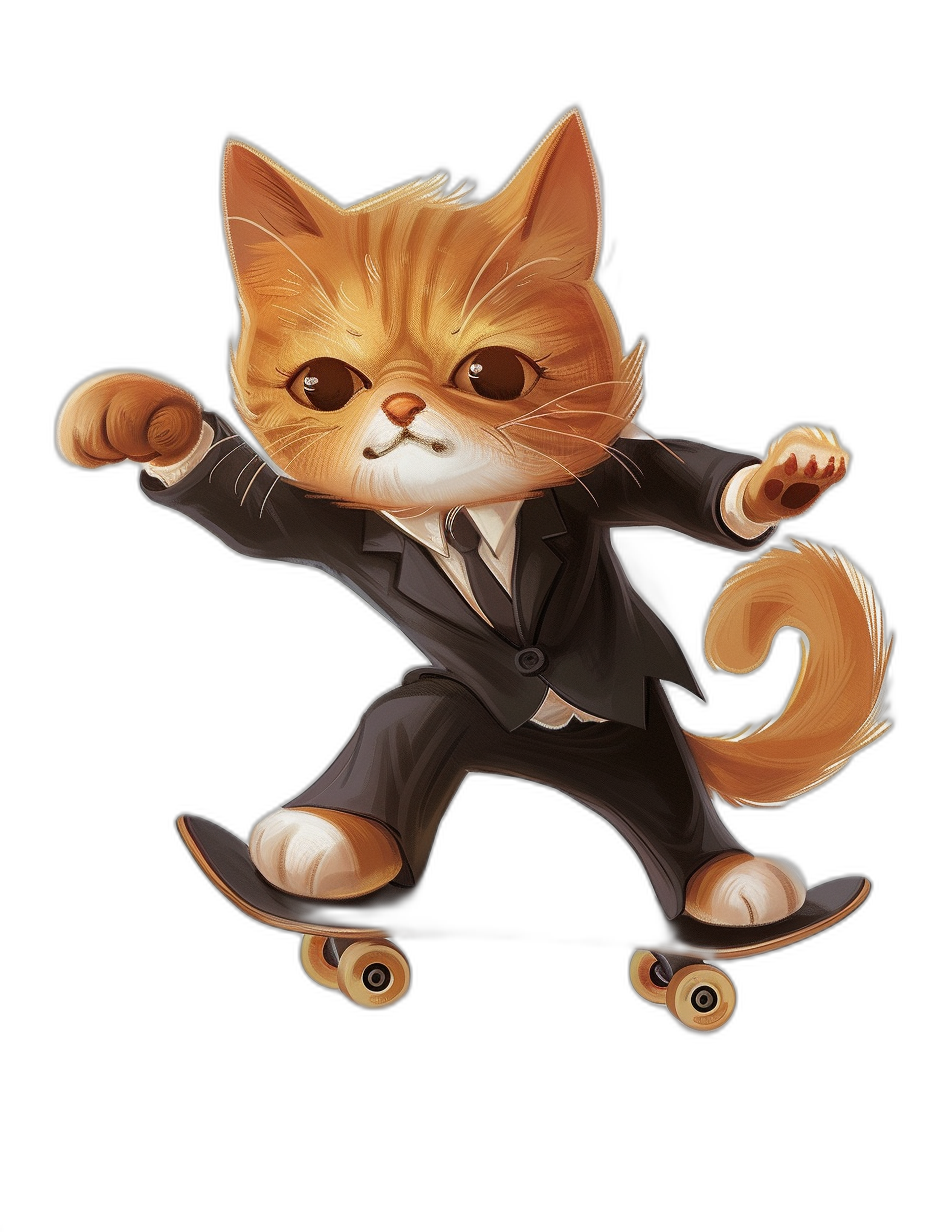 Cute cat in a suit riding on a skateboard. Vector illustration with a black background, t-shirt design in the style of Cartoon Art style. Cute, adorable, lovely, chibi, detailed, high quality image with sharp focus and no blur. 3D rendering using octane render.