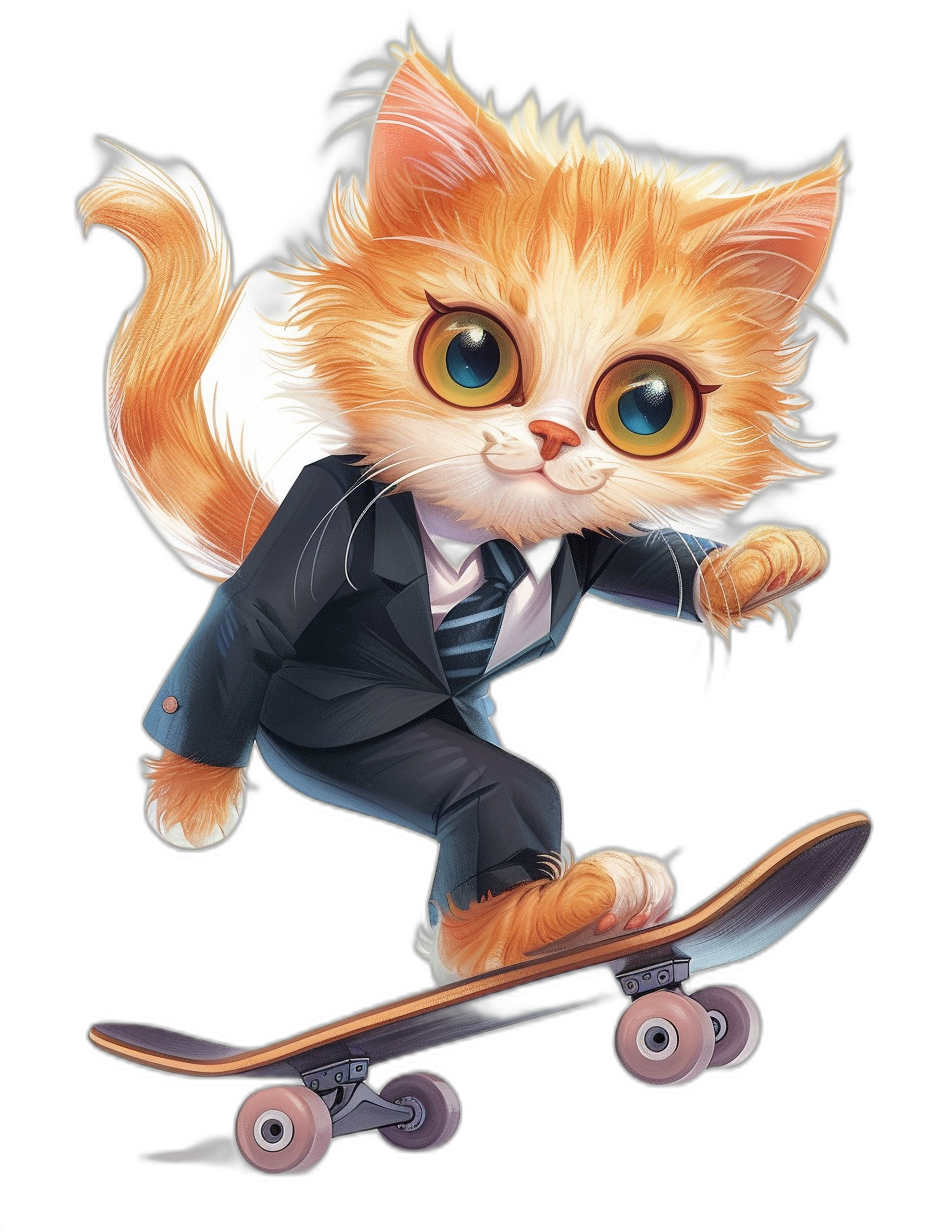 a happy cute cartoon cat in suit riding on skateboard, black background, t-shirt design by jasmine becket griffith, vivid colors, high contrast, highly detailed