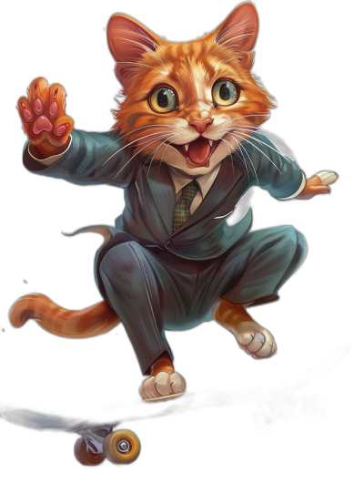 A happy ginger cat in a suit, doing kick-ups on a roller-skate against an isolated black background, high resolution digital art in the style of [Artgerm](https://goo.gl/search?artist%20Artgerm) and [Akihiko Yoshida](https://goo.gl/search?artist%20Akihiko%20Yoshida) and [Studio Ghibli](https://goo.gl/search?artist%20Studio%20Ghibli) and [Loish](https://goo.gl/search?artist%20Loish), fantasy character design, super detailed.