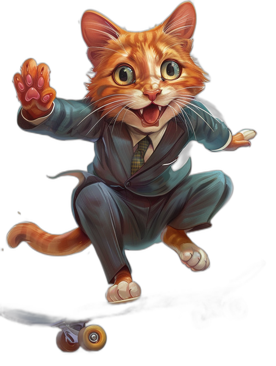 A happy ginger cat in a suit, doing kick-ups on a roller-skate against an isolated black background, high resolution digital art in the style of [Artgerm](https://goo.gl/search?artist%20Artgerm) and [Akihiko Yoshida](https://goo.gl/search?artist%20Akihiko%20Yoshida) and [Studio Ghibli](https://goo.gl/search?artist%20Studio%20Ghibli) and [Loish](https://goo.gl/search?artist%20Loish), fantasy character design, super detailed.