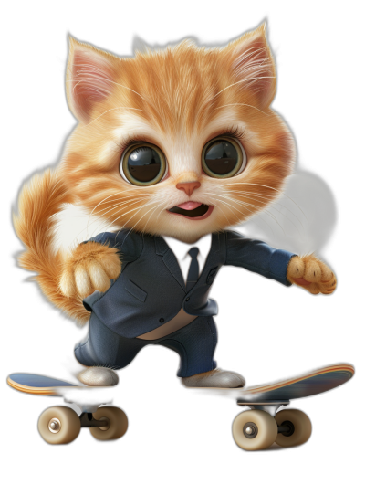 A cute golden kitten, wearing blue business attire and skateboarding on the black background in the style of Pixar's cartoon characters. The cat has big eyes with eyelashes, exaggerated movements, bright colors, and high-definition details in .