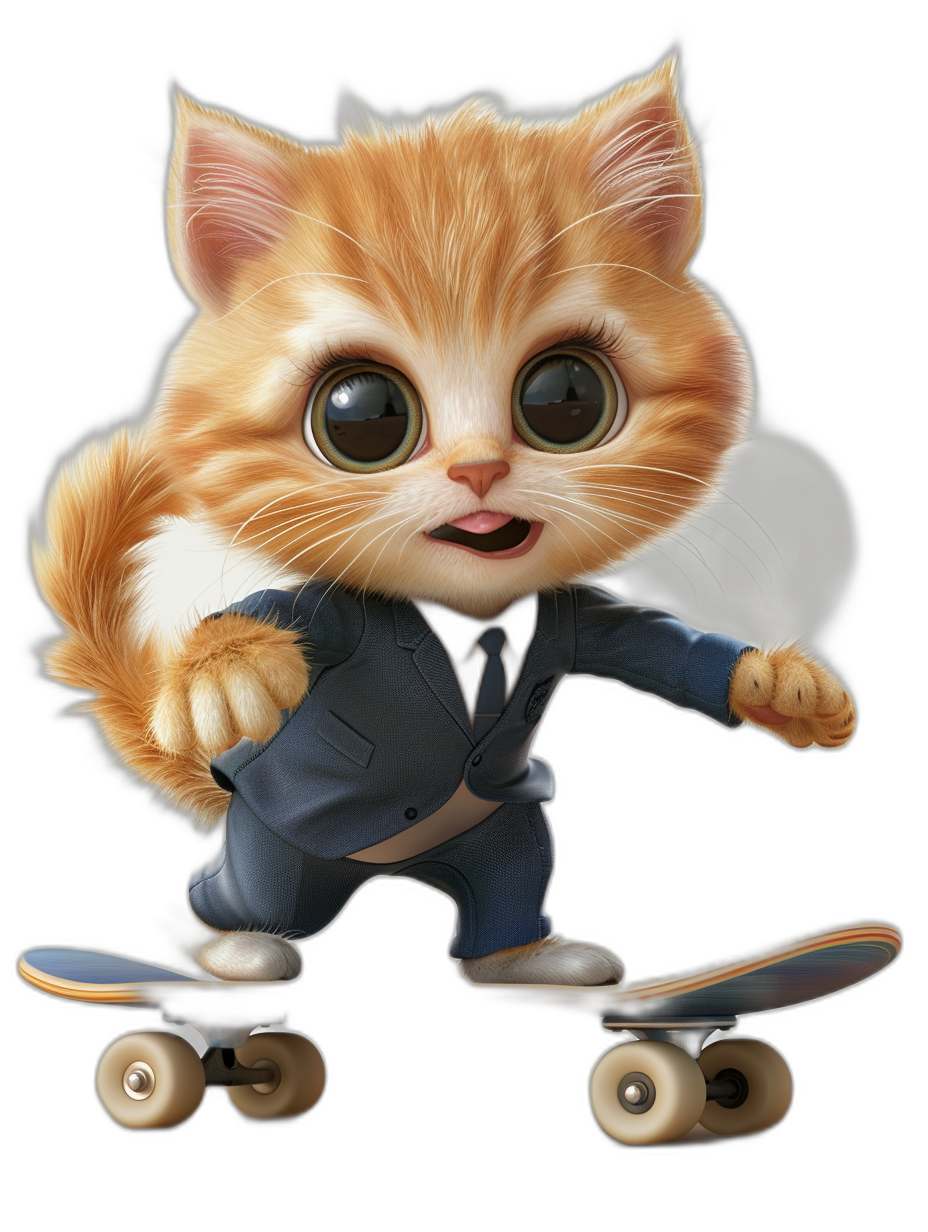 A cute golden kitten, wearing blue business attire and skateboarding on the black background in the style of Pixar’s cartoon characters. The cat has big eyes with eyelashes, exaggerated movements, bright colors, and high-definition details in .