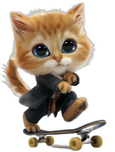 digital art of a cute kitten wearing a suit and skating on a skateboard against a black background with big blue eyes.