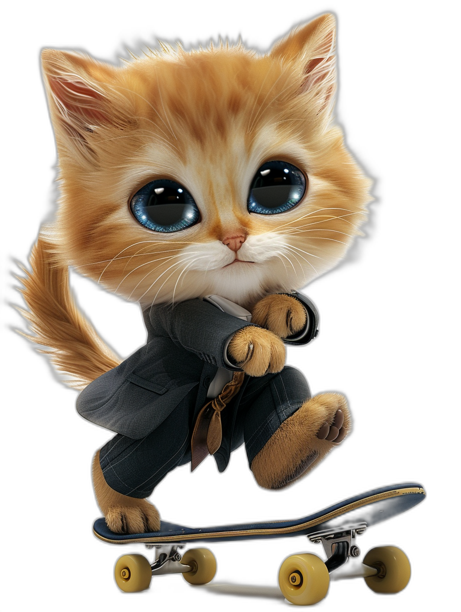 digital art of a cute kitten wearing a suit and skating on a skateboard against a black background with big blue eyes.