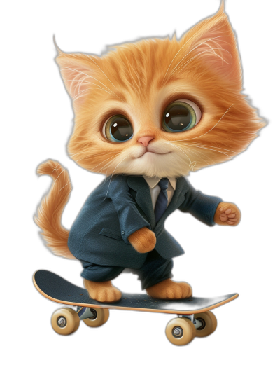 digital art of a cute kitten in a suit, playful character designs riding on a skateboard against a black background, with big eyes and a funny face, in the style of unknown artist.