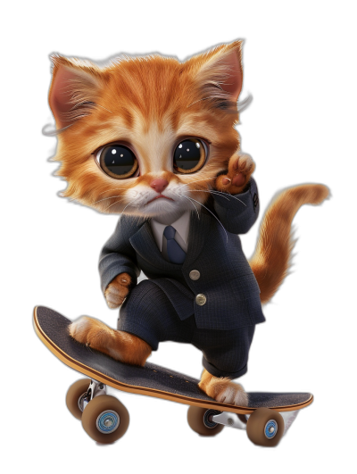 digital art of cute kitten , wear suit, riding on skateboard , black background, big eyes, lovely and funny