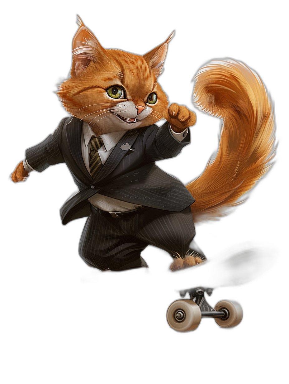 A ginger cat in a suit and tie riding on roller skates, in the cartoon style, vector illustration, black background, full body shot, detailed character design, detailed rendering, surrealistic, in the style of cartoon realism, in the style of kung fu panda movie.