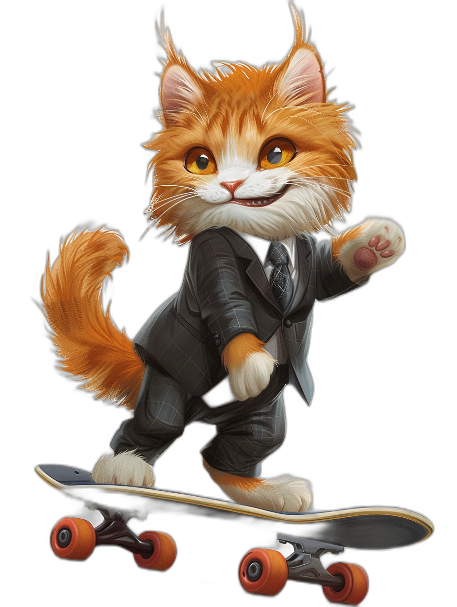 vector design of an orange cat in a business suit, on a skateboard isolated on a black background, in a cartoon style, digital art in the style of [Artgerm](https://goo.gl/search?artist%20Artgerm) and [Atey Ghailan](https://goo.gl/search?artist%20Atey%20Ghailan), watercolor