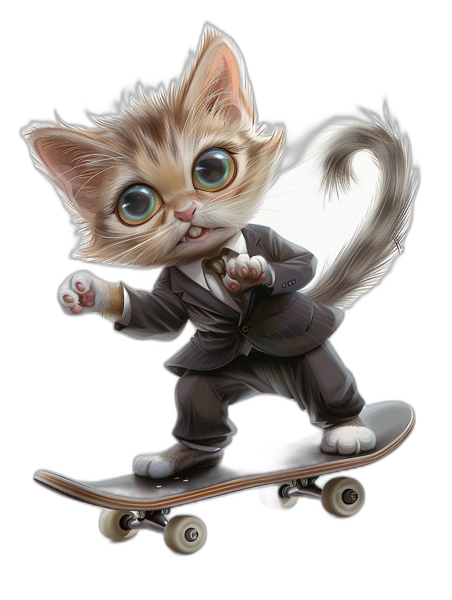 digital art of a cute kitten, wearing a suit and riding on a skateboard against a black background, with a big head and small body in the style of an anime character.