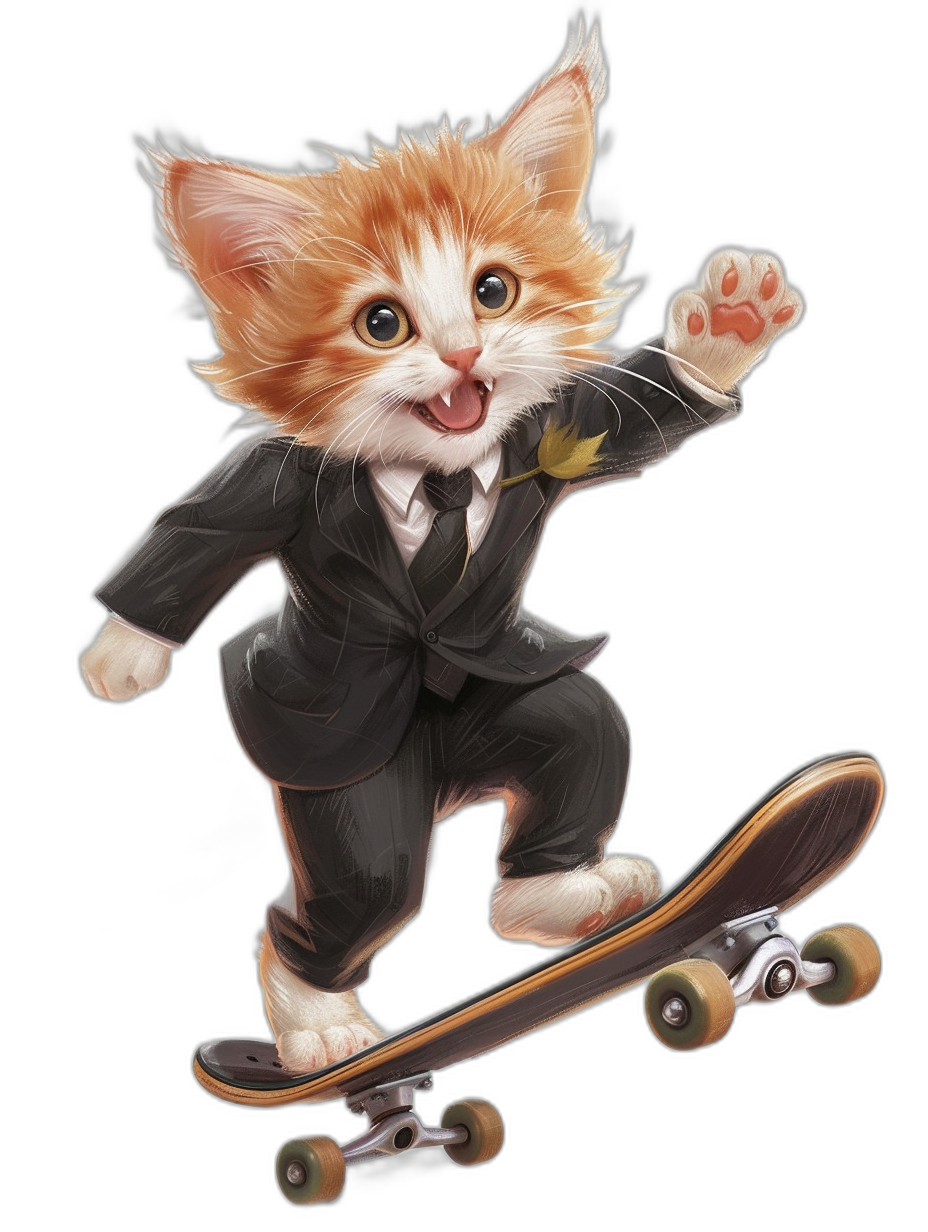 digital art of a cute kitten, wearing a suit and tie, riding a skateboard with a happy face against a black background, creating a chill atmosphere.