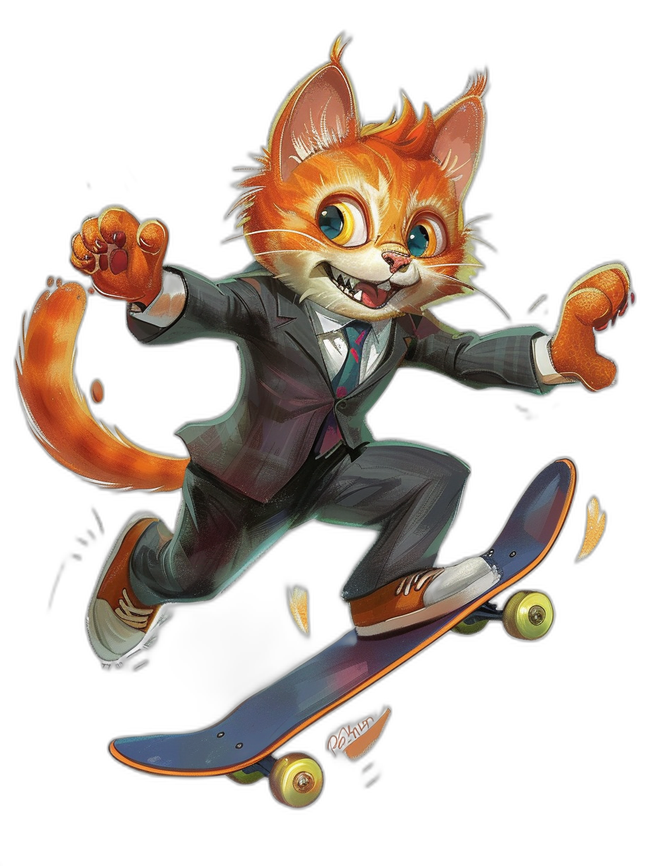 A cute orange cat in a suit, riding on a skateboard, in the style of vector illustration, on a black background, in a cartoon style, like 2D game art, with high resolution, vibrant colors, in a dynamic pose, with detailed details of fur and . The character is depicted with bright eyes and a playful expression while skateboarding. It has a long tail that flaps behind it as the character skillfully jumps over obstacles.