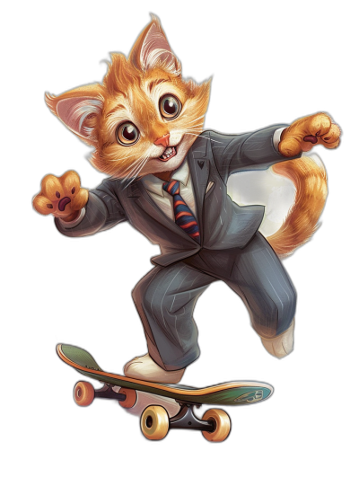 A ginger cat in a suit and tie riding on top of a skateboard, in a vector illustration style with a black background, a cute cartoon design, digital art in the style of [Artgerm](https://goo.gl/search?artist%20Artgerm), featured on cgsociety, a pixiv contest winner, an anime inspired character design, a full body shot, a detailed portrait, cute and adorable.