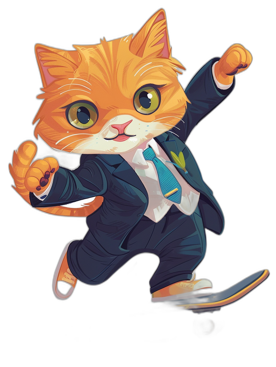 Cute cartoon orange cat in a suit and tie, jumping on a skateboard pose in the style of a simple drawing style, black background, 2D design, cute version of the game with bright colors and high resolution, high quality.