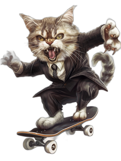 realistic digital illustration of an angry cat in suit riding on skateboard, black background, full body portrait view, cool pose and expression, high details