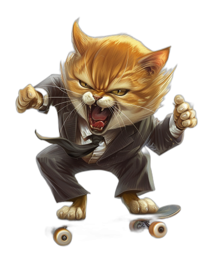 realistic digital illustration of an angry ginger cat in a suit, on a skateboard, black background, in the style of Panos Cosmatas