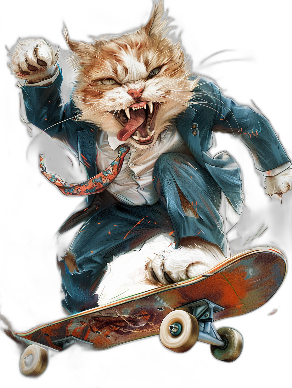 realistic digital art of an angry cat in blue and white suit, riding on skateboard, black background, t-shirt design