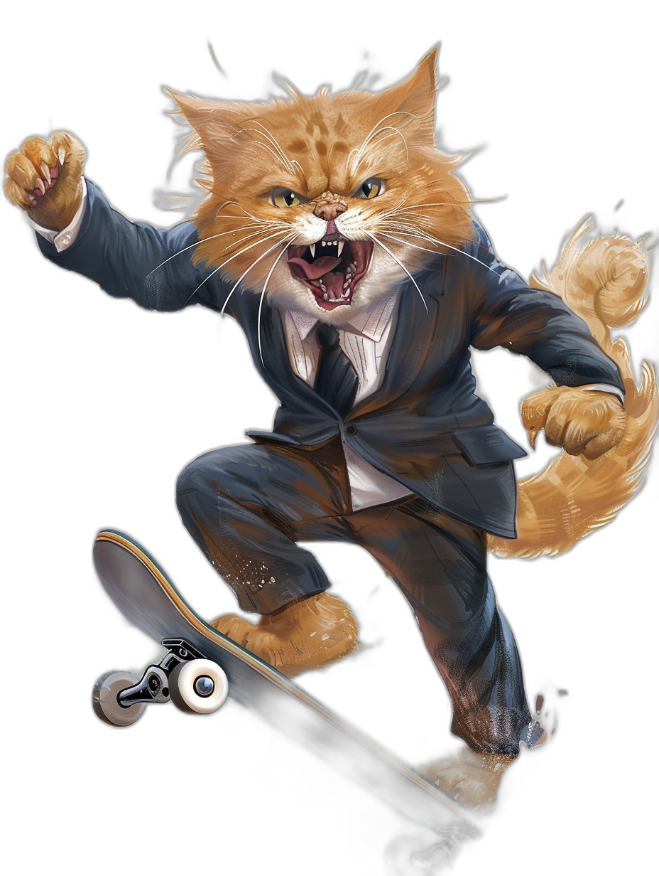 character design of an angry ginger cat in business suit on skateboard, on black background, by [Dave Coverly](https://goo.gl/search?artist%20Dave%20Coverly) and [Greg Rutkowski](https://goo.gl/search?artist%20Greg%20Rutkowski) and [Thomas Kinkade](https://goo.gl/search?artist%20Thomas%20Kinkade), trending pixiv fanbox, smooth brushstrokes, intricate details, digital art style