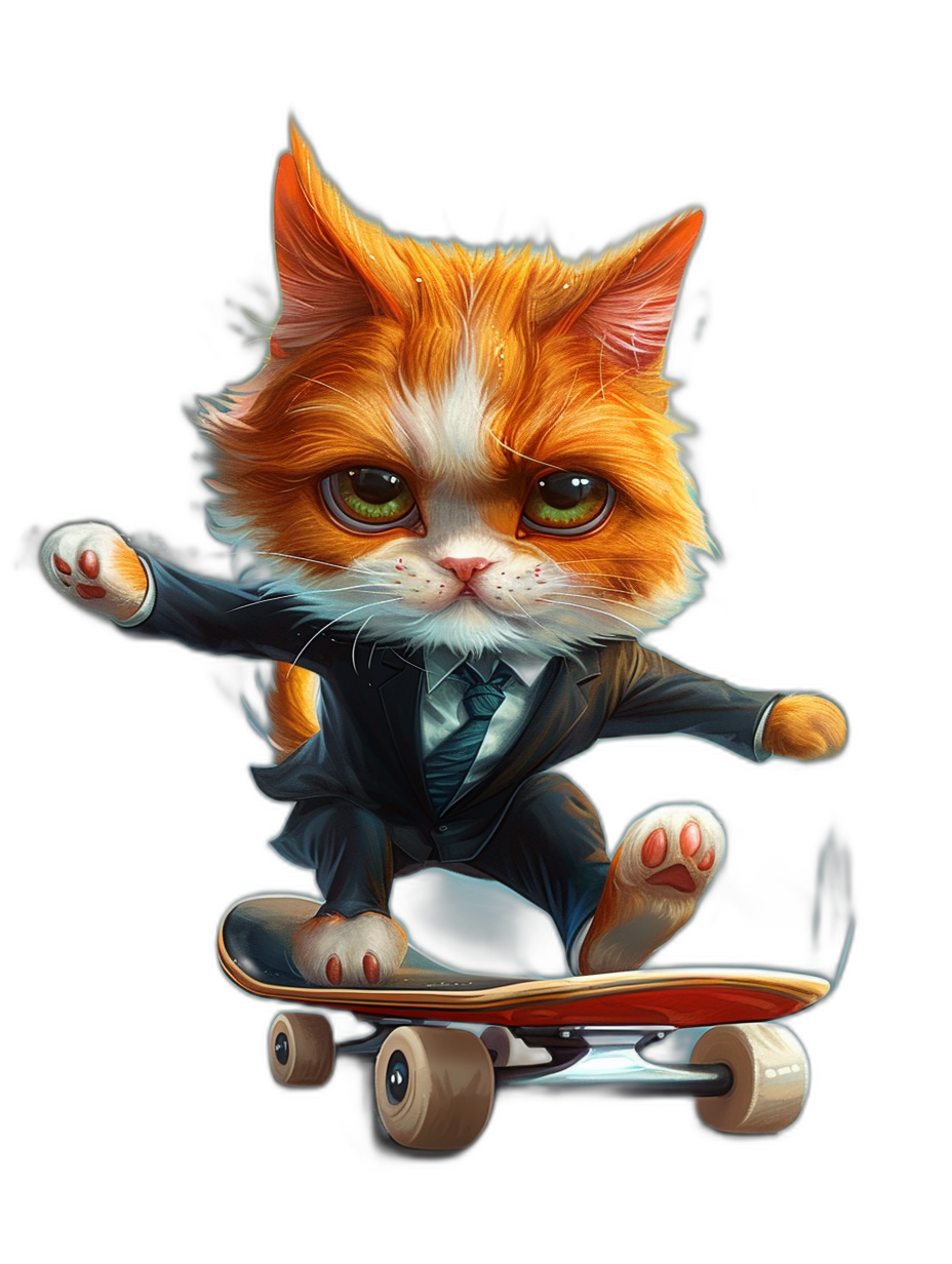 Cute orange cat in a suit riding on a skateboard, in the style of digital art, black background, caricature-like illustrations, romantic emotion, soft colors