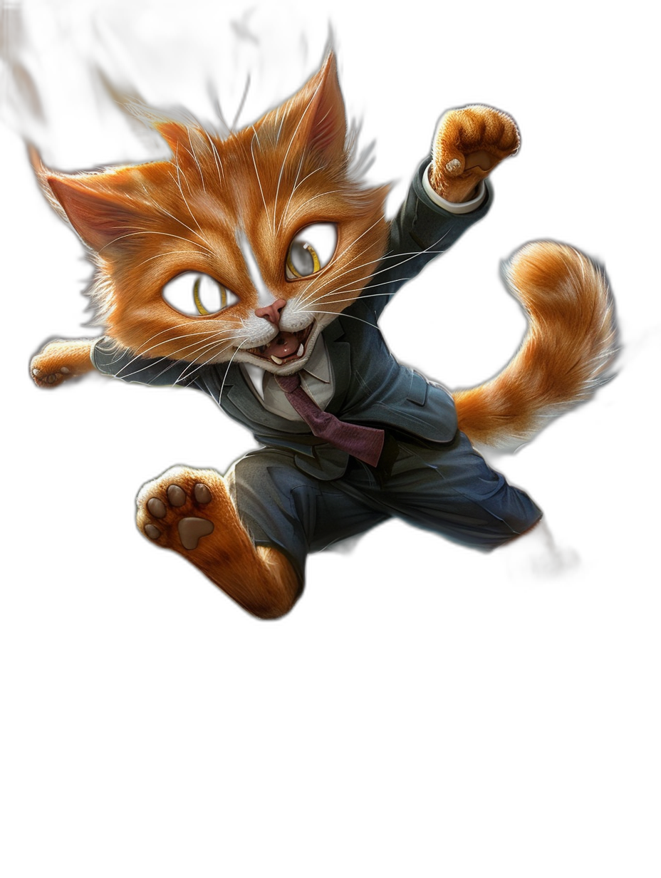 smiling cute ginger cat in suit flying, black background, in the style of [Tiago Hoisel](https://goo.gl/search?artist%20Tiago%20Hoisel), caricature-like, playful style