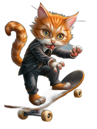 realistic cartoon cat wearing a suit and riding a skateboard on a black background, vector illustration in the style of "[Artgerm](https://goo.gl/search?artist%20Artgerm)" and "ursul" posted to artstation in the style of [Studio Ghibli](https://goo.gl/search?artist%20Studio%20Ghibli), trending pixiv fanbox with lens lighting