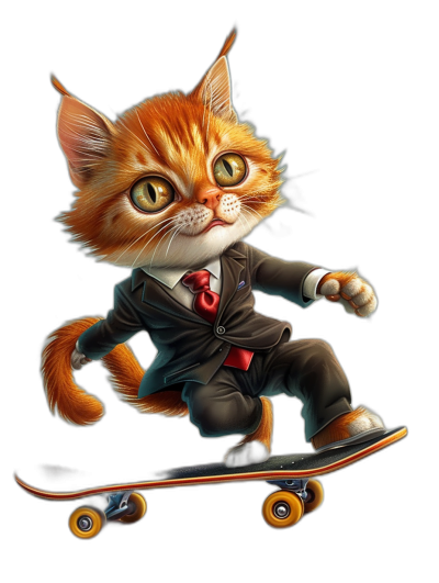 digital art of cute kitten , wear suit and tie, skating on skateboard black background