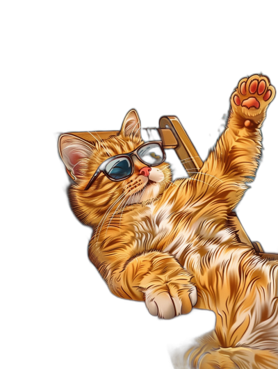 digital art of cool and fat orange cat , wearing sunglasses, lying on the chair with one paw up in air pose , black background , chill vibe , relaxed tone