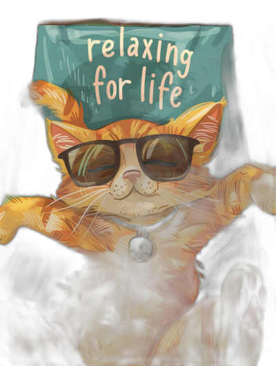 A cat wearing sunglasses, holding up an "relaxing for life" sign in its paws. The illustration is in the style of hand-drawn animation and features bright colors with soft edges. It includes detailed textures on both the background and foreground elements, creating depth that emphasizes their distinct styles. In digital art, it's created using Procreate app and Cintencore A60 color palette., focus on face