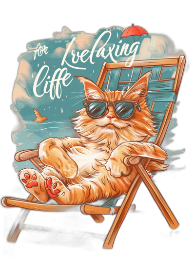 t-shirt design with the text "relaxing life", featuring an orange cat wearing sunglasses, lounging in a beach chair on a sunset, black background, vector illustration style tshirt design, vector art in the style of vector illustration.