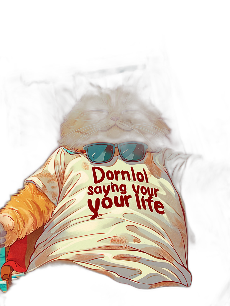 t-shirt design with the text “Dorn”. The words “Door XVI” saying your life is over. That cat wearing sunglasses, on top of him sleeping orange long hair fat smiling funny male persian cat wearing white tshirt lying down, in the style of comic. Black background, 3d effect, hyper realistic. Bright colors, volumetric light.