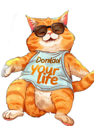 An orange cat wearing sunglasses and a t-shirt with the words "Dormoaal your Life", in the style of a cartoon, on a black background, in a full body shot.