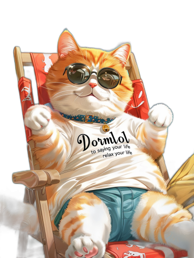 A very cute orange cat is lying on a beach chair wearing sunglasses and shorts, with an oversized white T-shirt that says "Dormol to relax your life". The background color is black, in the style of .