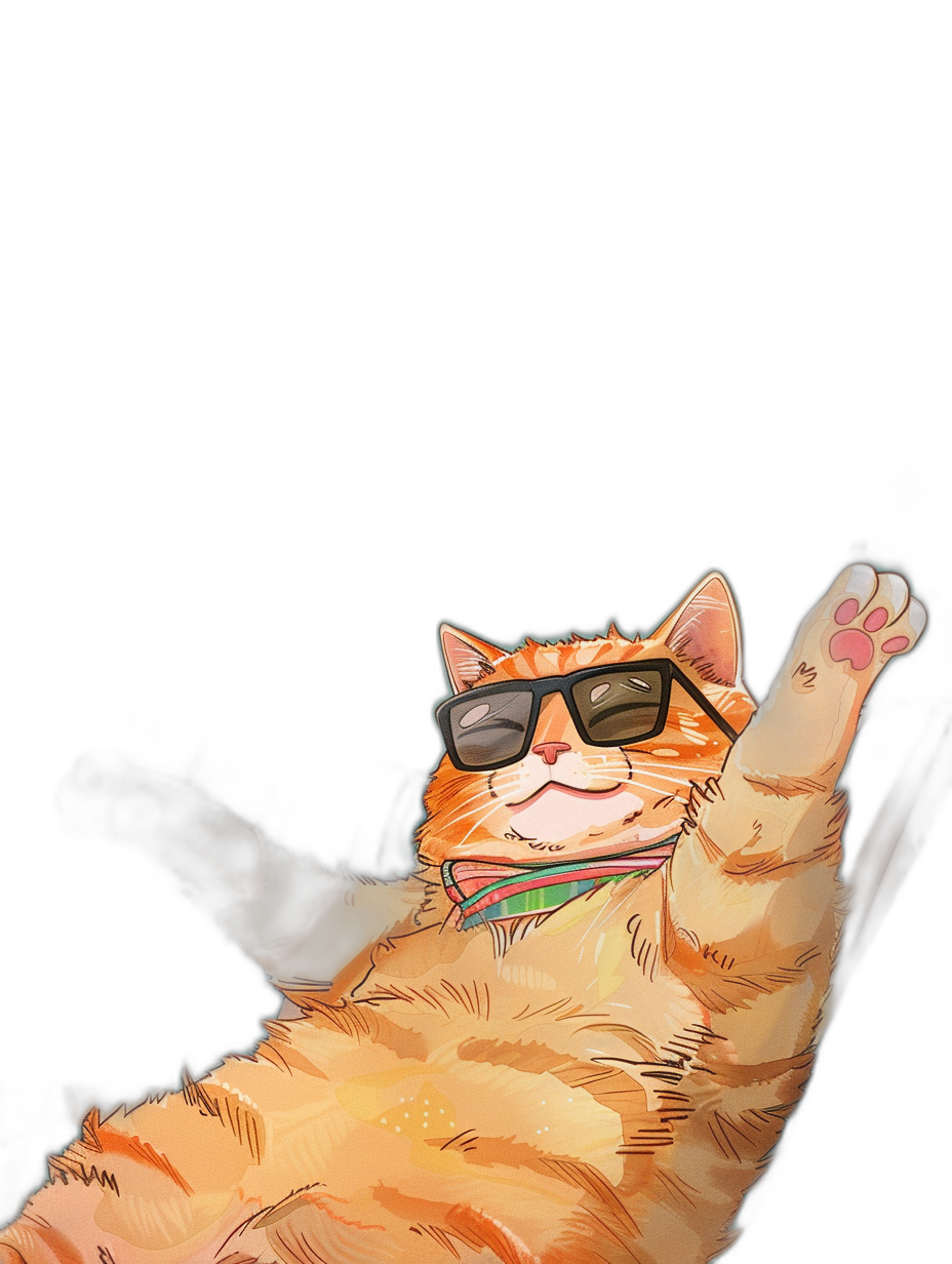 digital art of a cute and fat orange cat, wearing sunglasses with its arm up in the air against a black background, in the minimal style, with a chill, happy smile conveying an easygoing mood.