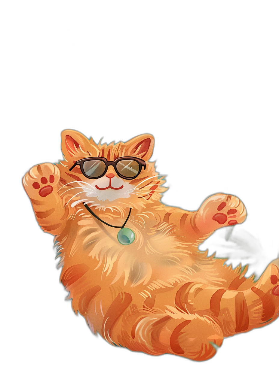 digital art of a cute and fat orange cat, wearing sunglasses, on a black background, with playful character designs. The cat is floating in the air with one paw up to the sky, wearing a green necklace around its neck.