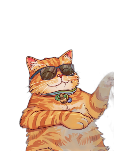 digital art of a cute and fat orange cat, wearing sunglasses and a collar with a bell, dancing in a dark background in the style of minimal style, with a chill smile, posing with a hand making a V sign to the camera