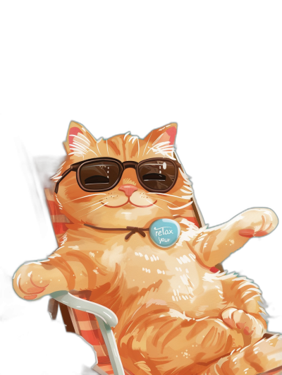 digital art of cute and fat orange cat , wearing sunglasses, holding sticker with text "relax your body", chill expression sitting on the chair in black background full hd, super resolution, detailed