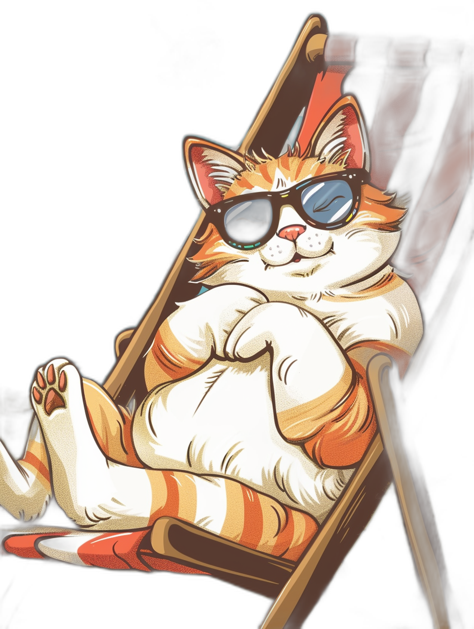 A cute fat orange and white cat wearing sunglasses lies on a deck chair, in the style of a cartoon with a black background, simple lines, a flat illustration, using vector graphics, with bright colors, warm tones, and a strong contrast between light and dark, clear outline details, high definition resolution, high detail, high quality resolution.