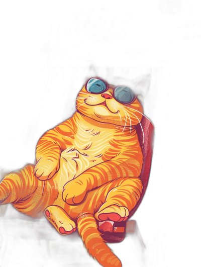 A fat orange cat with blue eyes wearing sunglasses lounging in a cinema chair. The vector illustration features bold lines, flat colors, and a dark background with high contrast. The simple shapes are drawn in a digital art style reminiscent of simple shapes.