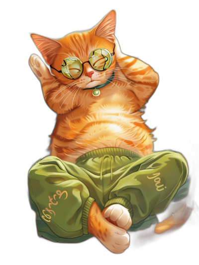 digital art of cute and fat orange cat , wear green yoga pants with "i j	len", wearing glasses, hand up on head, black background ,chilling happy and funny