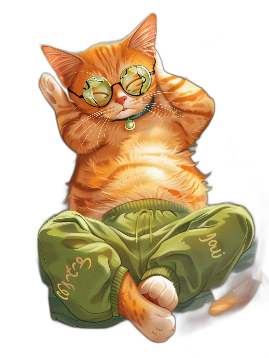 digital art of cute and fat orange cat , wear green yoga pants with “i j	len”, wearing glasses, hand up on head, black background ,chilling happy and funny