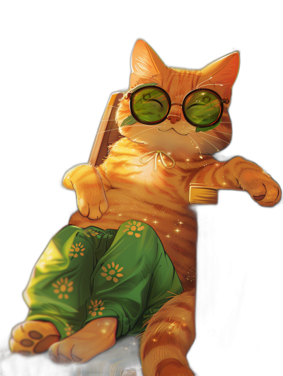 a cute happy orange cat with green sunglasses and nightwear, sitting on top of an electric mouse toy in the style of ghibli, black background, hyper realistic illustration, full body shot, detailed, cinematic light