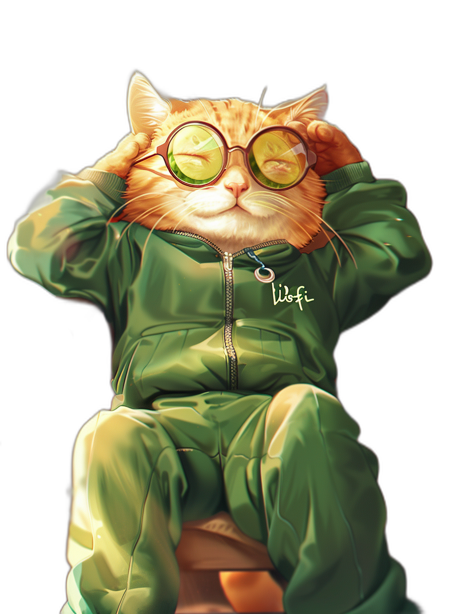 digital art of cute fat orange cat , wearing green suit with white logo and glasses, sitting on the chair in black background , smart cool face expression, cartoon style, chill out pose, full body shot, wearing hiphop-style