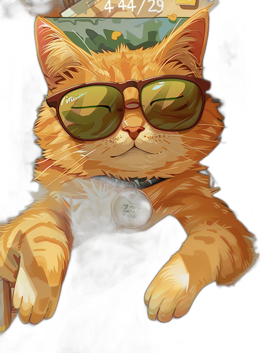 digital art of cute fat orange cat , wear sunglasses with yellow lens, holding black phone and wearing tshirt that has “4/29” written on it , cartoon style, funny happy expression , simple background in dark room, pastel tone, painting illustration , high detail , bright color scheme