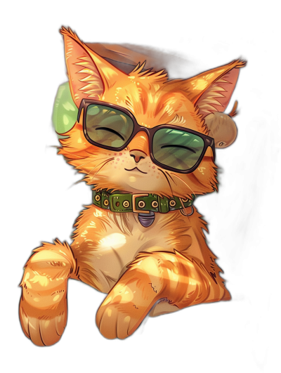 digital art of cool and fat orange cat , wearing sunglasses with green collar, black background , chill smile , cute