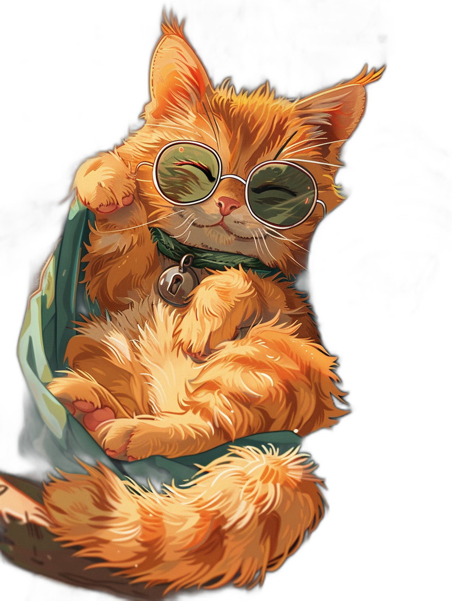 A cute red cat with sunglasses sleeping in a bag, in the cartoon style, on a black background, a hyper realistic game item portrait illustration art in the style of daniel f gerhartz and [Tomer Hanuka](https://goo.gl/search?artist%20Tomer%20Hanuka), a hyper detailed digital artwork, with sharp focus, from a studio photo shoot, with intricate details, highly detailed illustrations, with saturated color fields, a digital painting, concept art design, 2d game art, hyper-realistic