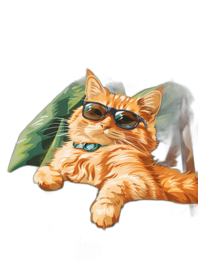 digital art of cute and fat orange cat , wear sunglasses, wearing green tshirt , chill smile , sitting on the couch with black background