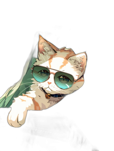 A cute cat wearing sunglasses is sitting on the sofa, smiling and looking at you with green eyes. The black background has cartoon style illustrations in the style of anime, creating an atmosphere of warmth in high definition. It features a distant perspective with a flat view angle, and is presented as an illustration.