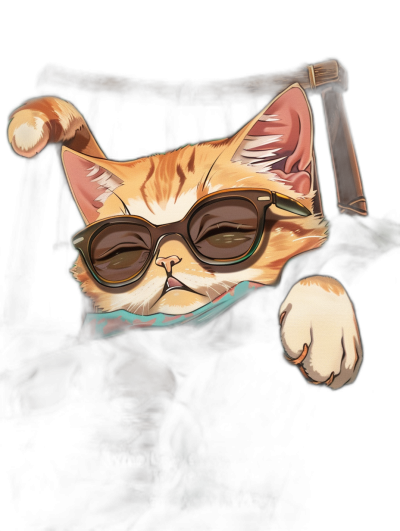 A cute cat with sunglasses, lying on a black background on his throne in the style of League of Legends game art. "Who Lip down for one year my day?" written below.