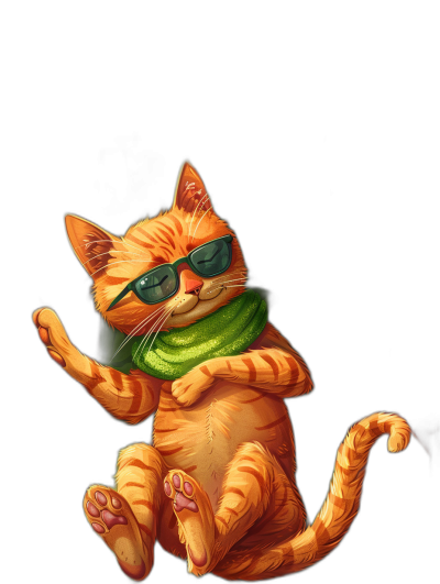 Illustration of an orange cat with a green scarf and sunglasses, in a cartoon style, as a full body shot, on a simple black background, as 2D art, in the style of a digital painting, with a cute and happy expression.